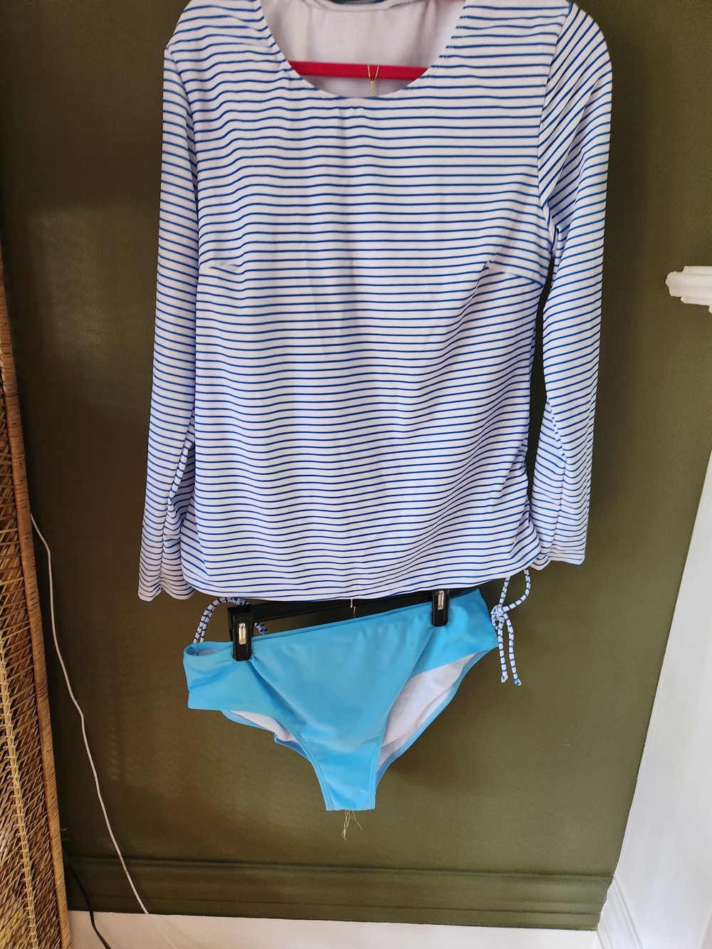 Swim 2pcs/Set Striped Long Sleeve Gathered Waist Size 2XL Swimsuit